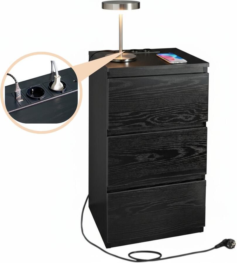 Casamoda Nachtkastje H55 x B40 x D35 cm 3 Lades Stopcontact en USB Draagkracht 45 kg Moderne Bijzettafel Zwart