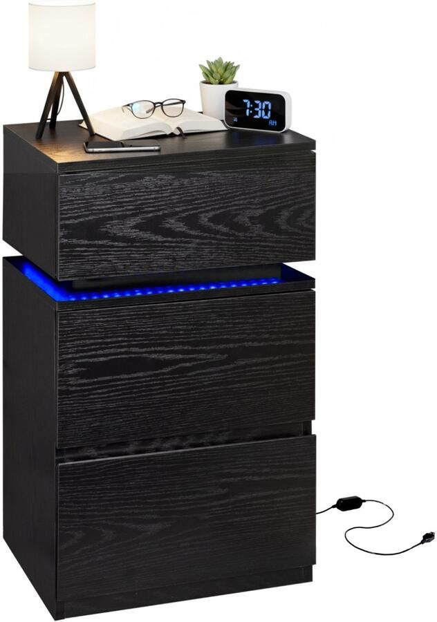 Casamoda Nachtkastje H55 x B40 x D35 cm 3 Lades Verstelbare RGB LED-Verlichting Alle Kleuren Draagkracht 110 kg Modern Bijzettafel Zwart