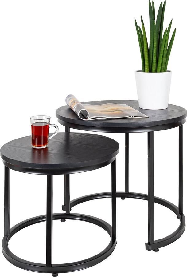 Casamoda Salontafel set van 2 Zwart ø 43 53 cm Hoogte 36 43 cm Bijzettafel Rond Salon tafel Industrieel Tafelblad Hout Salontafel Zwart