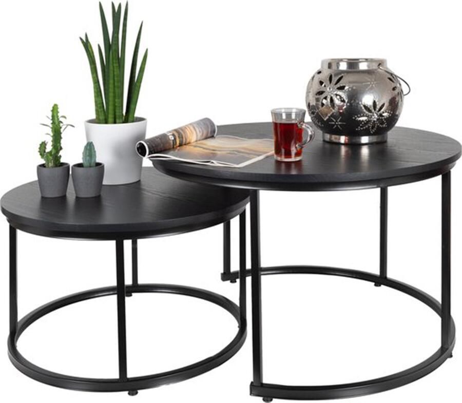 Casamoda Salontafel set van 2 Zwart – ø 58 75 cm Hoogte 36 45 cm – Bijzettafel Rond – Salon tafel Industrieel – Tafelblad Hout – Salontafel Zwart