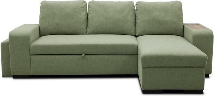 CASAPY VALDO 3 tot 4 zits omkeerbare hoekbank Neve Sauge stof Legplank met USB Kist + hocker B247 x D143 x H86 cm