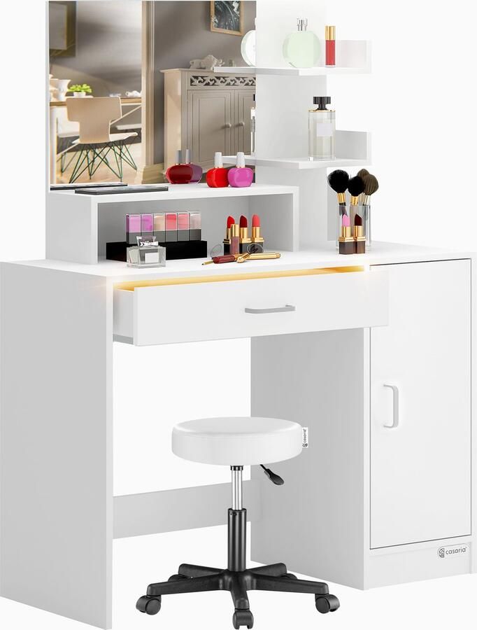 Casaria Make up Tafel Jocelyn Kaptafel Kruk Opbergruimte 140x90x40cm Wit