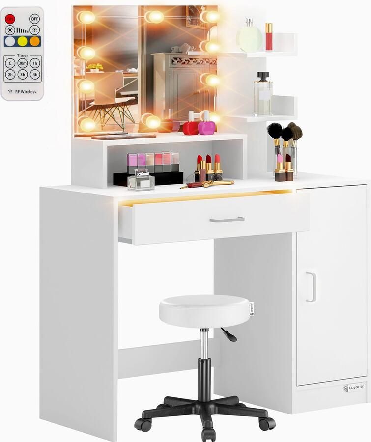 Casaria Make up Tafel Jocelyn LED Kaptafel met Kruk Lade 140x90x40cm Wit