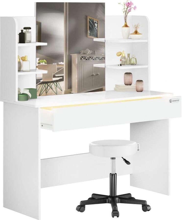 Casaria Make up Tafel Lucia Kaptafel Kruk Opbergruimte 140x110x40cm Wit