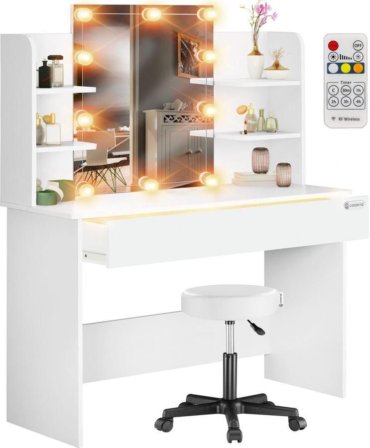 Casaria Make up Tafel Lucia LED Kaptafel met Kruk Lade 140x110x40cm Wit