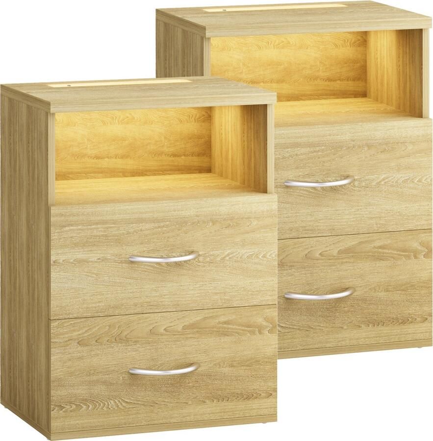 Casaria Nachtkastje Set van 2 Hout LED 2 Lades 40x28x55cm Eik