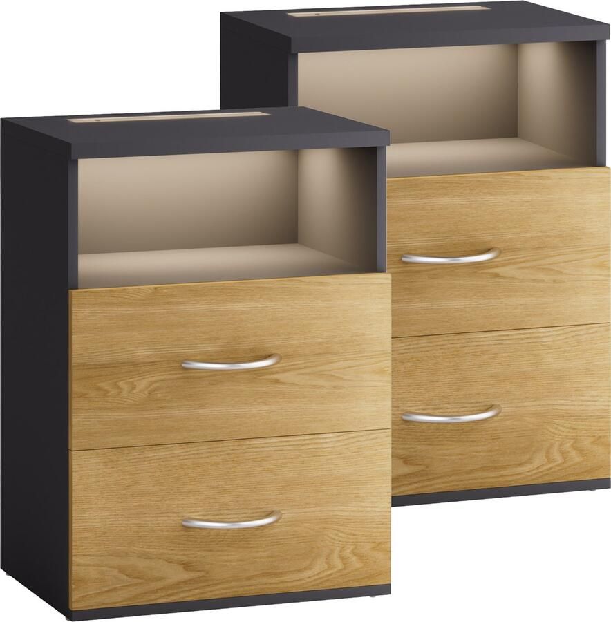 Casaria Nachtkastje Set van 2 LED 2 Lades 40x28x55cm HoutAntraciet