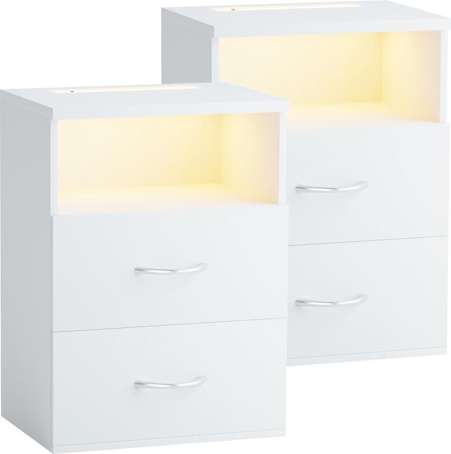 Casaria Nachtkastje Set van 2 LED Hout 2 Lades 40x28x55cm Wit