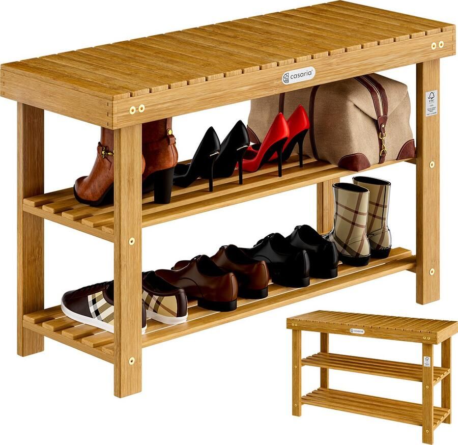 Casaria Schoenenrek Zitbank 3 Schappen 90x33x46cm – Acaciahout