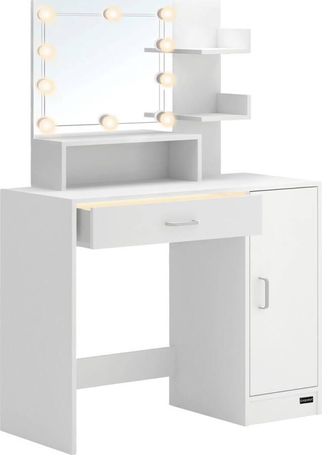 Casaria Kaptafel Jocelyn Lade Spiegel LED 3 Planken 140x110cm – Wit