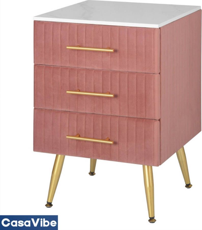 CasaVibe Luxe Nachtkastje Bijzetkast voor slaapkamer roze Met Drie Lades Gouden Details Roze