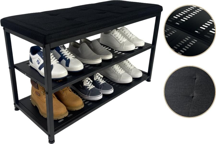 Casayali ShoeSeat Schoenenrek voor 8 Paar Schoenenbank met Zitkussen Schoenenkast Zwart
