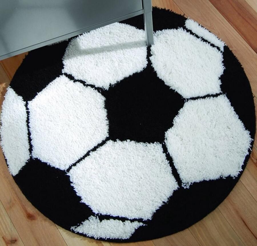 Catherine Lansfield Rond vloerkleed grote voetbal zwart wit zachte voetbal mat (tapijt kleed) kindertapijt voetbalkamer (balsport kinderkamer speelkamer tieners cadeau jongens & meisjes)