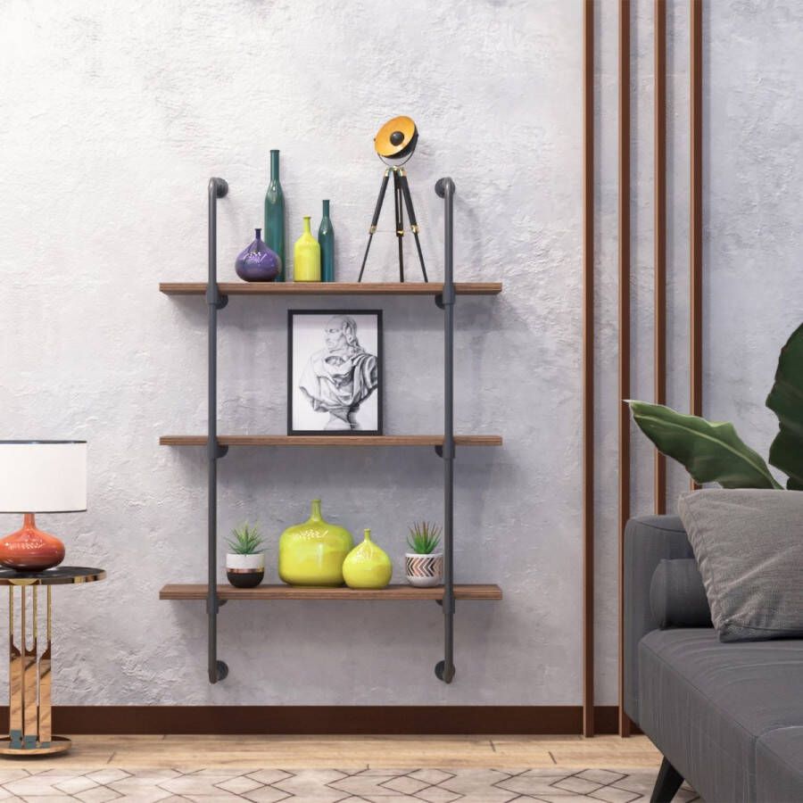 Caxina Industriële Boekenkast Massief Houten Wandkast Wandrek Met 3 Planken Opbergrek Voor Multifuctioneel Gebruik in Huis Boekenrek Keukenrek B58*H105*30D CM Walnoot bruin