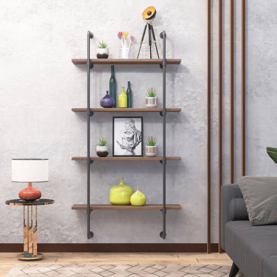 Caxina Industriële Boekenkast Massief Houten Wandkast Wandrek Met 4 Planken Opbergrek Voor Multifuctioneel Gebruik in Huis Boekenrek Keukenrek B58*H131*30D CM Walnoot Bruin