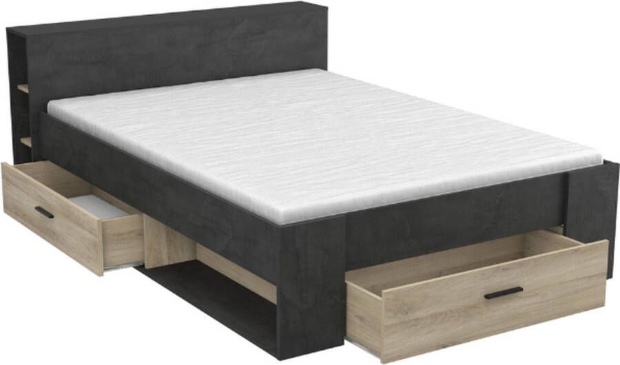 CBA EMOB Bed Polly 140 x 190 cm-Sidewalk zwart Kronberg eik Bedden met lades Zwart Melamine; Spaanplaat Bedden met lades Tweepersoons Normaal bed Op voorraad - Foto 4