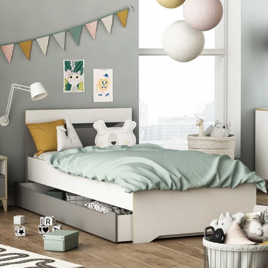 CBA Bed Gerry 90 x 190 200 cm zonder bedlade-lichtgrijs mat wit Kronberg eik