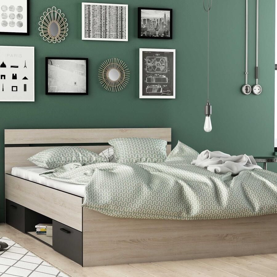 CBA EMOB Bed Micheline 140 x 190 cm-geborstelde eik matzwart Bedden met lades Bruin; Zwart Melamine; Spaanplaat Bedden met lades Tweepersoons Normaal bed Op voorraad