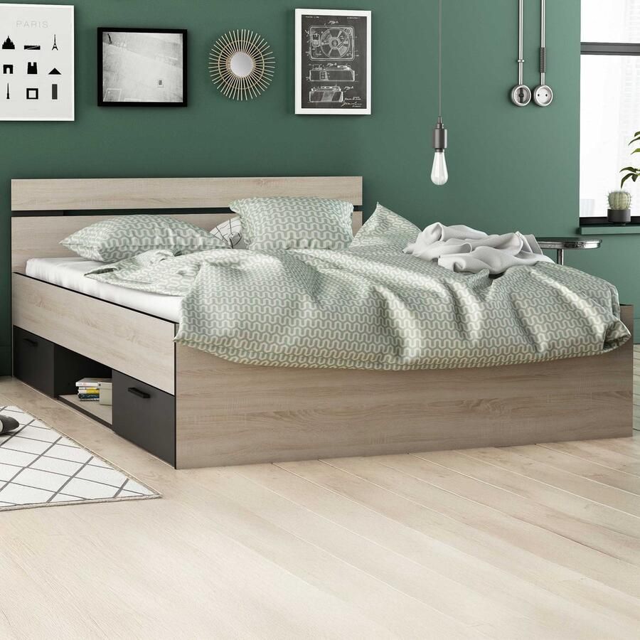 CBA EMOB Bed Micheline 140 x 190 cm-geborstelde eik matzwart Bedden met lades Bruin; Zwart Melamine; Spaanplaat Bedden met lades Tweepersoons Normaal bed Op voorraad - Foto 3