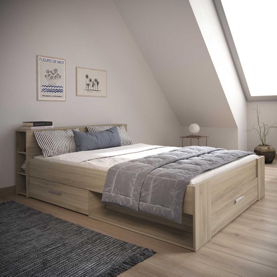 CBA EMOB Bed Polly 160 x 200 cm-Kronberg eik Bedden met lades Bruin Melamine; Spaanplaat Bedden met lades Tweepersoons Normaal bed Op voorraad