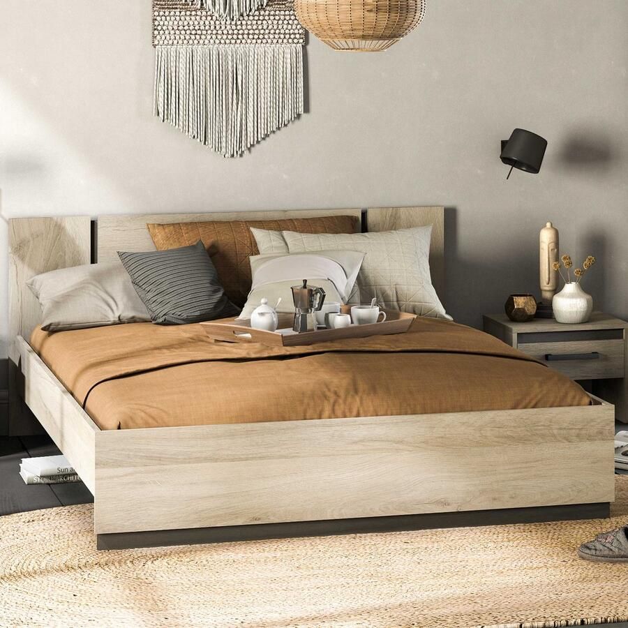 CBA EMOB Bed Waylon 160 x 200 cm-Kronberg eik Waterford eik Tweepersoonsbedden Bruin Melamine; Spaanplaat Tweepersoonsbedden Tweepersoons Normaal bed Op voorraad - Foto 2