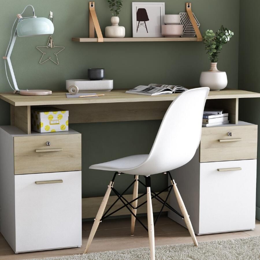 CBA EMOB Bureau Pleun 2 lades 2 draaideuren en 2 opbergvakken-mat wit donkergrijs Kantoor Multicolor Melamine; Spaanplaat Kantoor Op voorraad