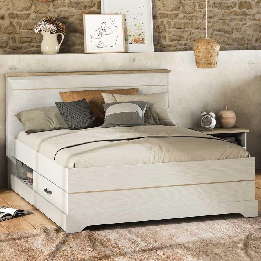 CBA EMOB Bed Charme 140x190 200 cm-Kronberg eik structuurwit Bedden met lades Wit Melamine; Spaanplaat Bedden met lades Tweepersoons Normaal bed Op voorraad - Foto 2
