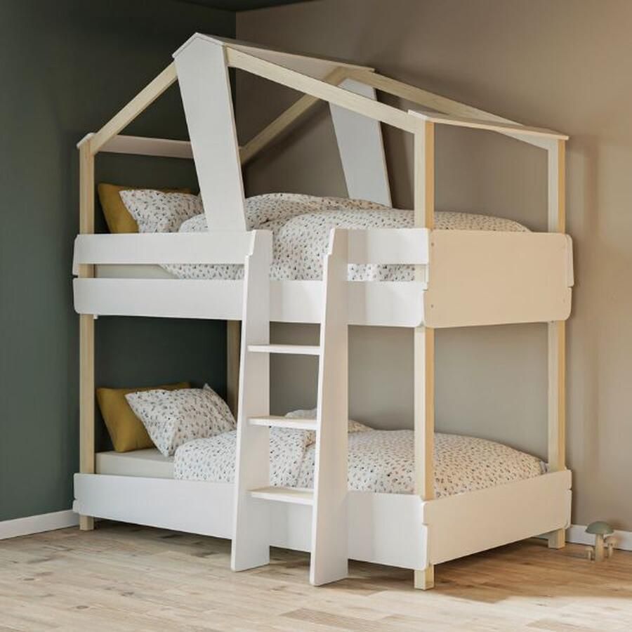 CBA EMOB Kinderstapelbed Timber 204 x 112 3 x 214 cm Wit Kinderbedden met uitvalbeveiliging Wit MDF Kinderbedden met uitvalbeveiliging Eenpersoons Stapelbed Op voorraad