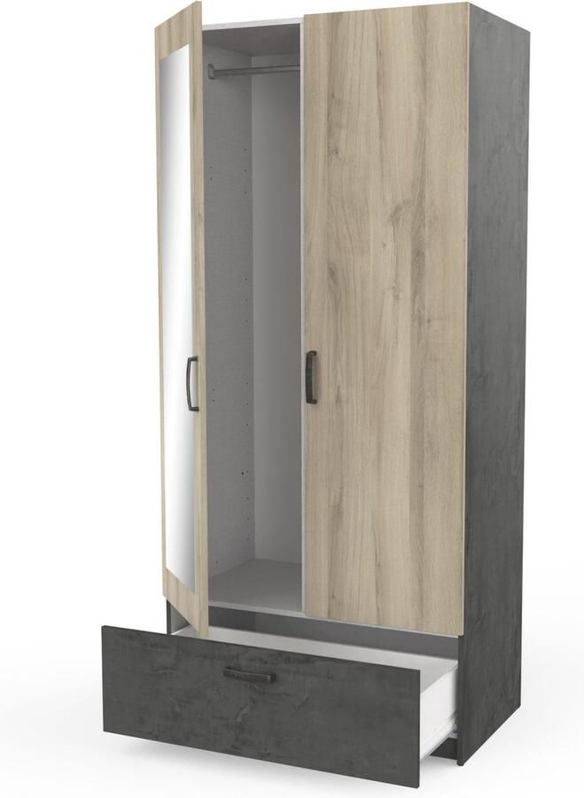 CBA Kleerkast Ryan 2 draaideuren 3 legplanken 1 kledingroede en 1 lade-Kronberg eik Sidewalk zwart