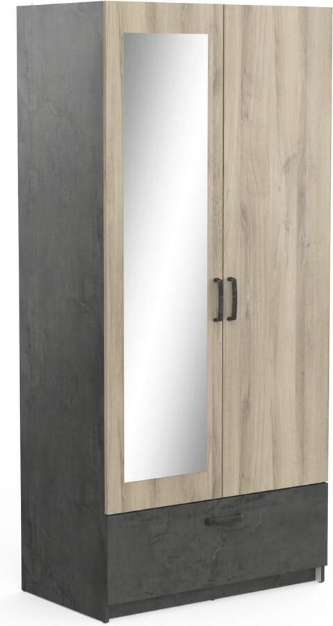 CBA Kleerkast Ryan 2 draaideuren 3 legplanken 1 kledingroede en 1 lade-Kronberg eik Sidewalk zwart - Foto 2