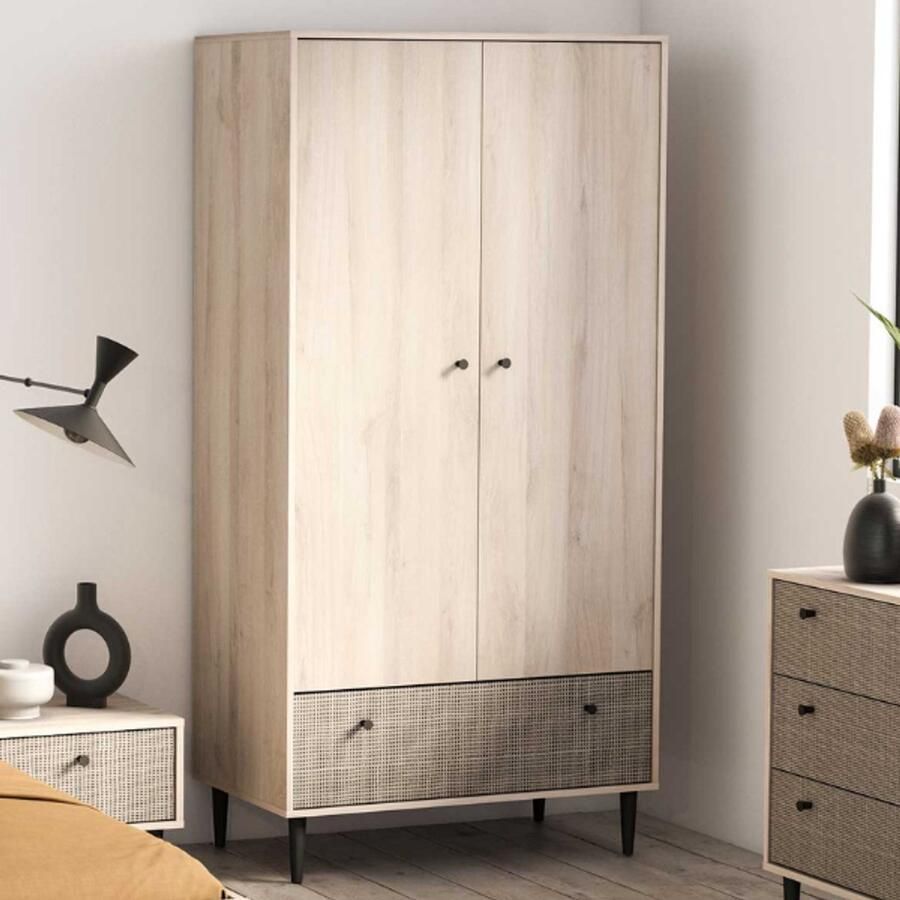CBA Kleerkast Sayuri 2 draaideuren 1 kledingroede en 1 lade-Kronberg eik wicker