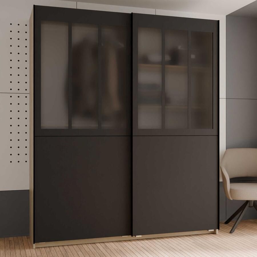 CBA Kleerkast Verity 2 schuifdeuren 4 legplanken en 2 kledingroedes-Kronberg eik matzwart