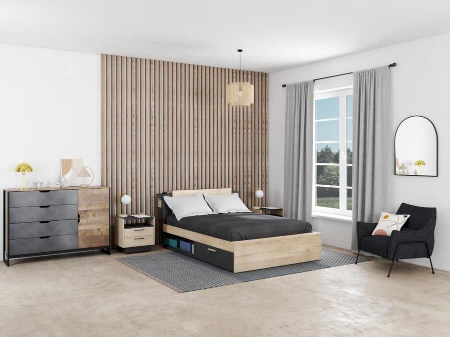 CBA Vente-unique Modulair bed 140 x 190 200 cm met opbergruimte Kleuren: naturel en zwart ERALIA L 144.7 cm x H 87.7 cm x D 227 cm - Foto 5