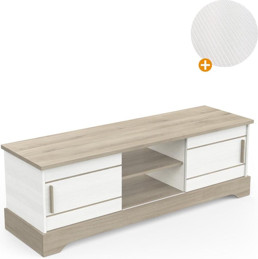 DEMEYERE Tv-meubel 2 schuifdeuren structuur wit melamine en kronberg eiken B 150 x D 45 x H 50 cm Cottage