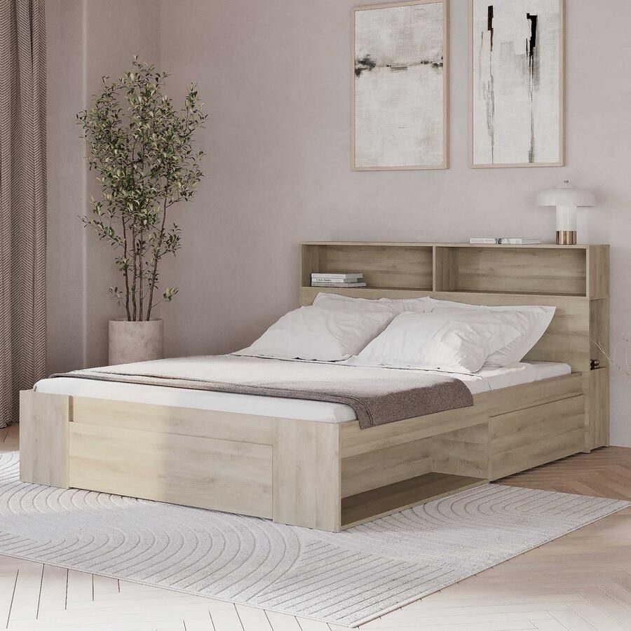 CBA EMOB Tweepersoonsbed Maksim 140x190 200cm met opbergruimte eikdecor Bedden met lades Bruin Melamine; Spaanplaat Bedden met lades Tweepersoons Normaal bed Op voorraad
