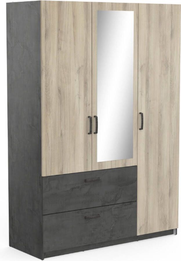 BELFURN CBA- 3 deurs kledingkast Ryan met 1 spiegeldeur 134x192cm in dekor eik met zwart - Foto 3