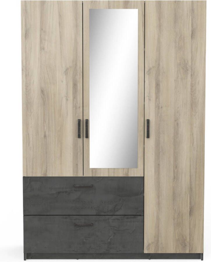BELFURN CBA- 3 deurs kledingkast Ryan met 1 spiegeldeur 134x192cm in dekor eik met zwart - Foto 2