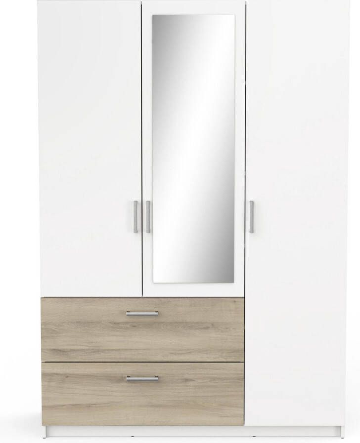 BELFURN Ready 3 deurs kledingkast met 1 spiegeldeur 134x192cm in dekor wit met eik