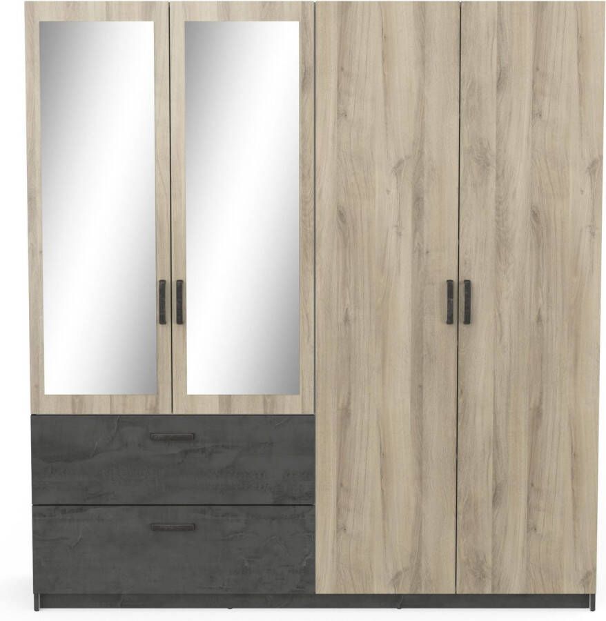 BELFURN Ready 4 deurs kledingkast met 2 spiegeldeuren 179x192cm in dekor eik met zwart