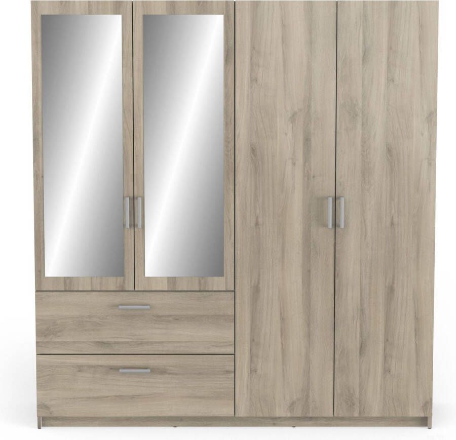 BELFURN Ready 4 deurs kledingkast met 2 spiegeldeuren 179x192cm in dekor eik