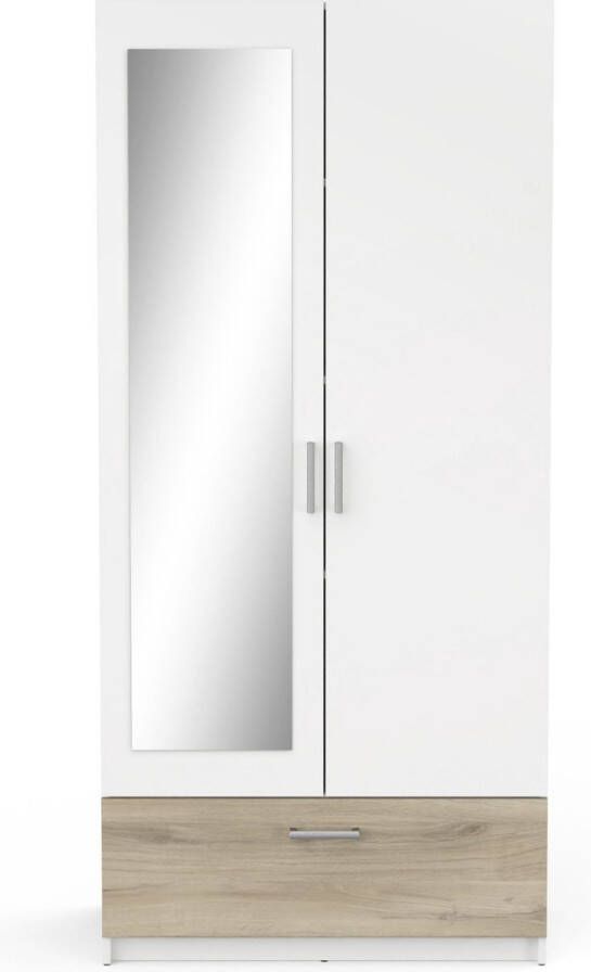 BELFURN Ready 2 deurs kledingkast met 1 spiegeldeur 89x191cm in dekor wit met eik