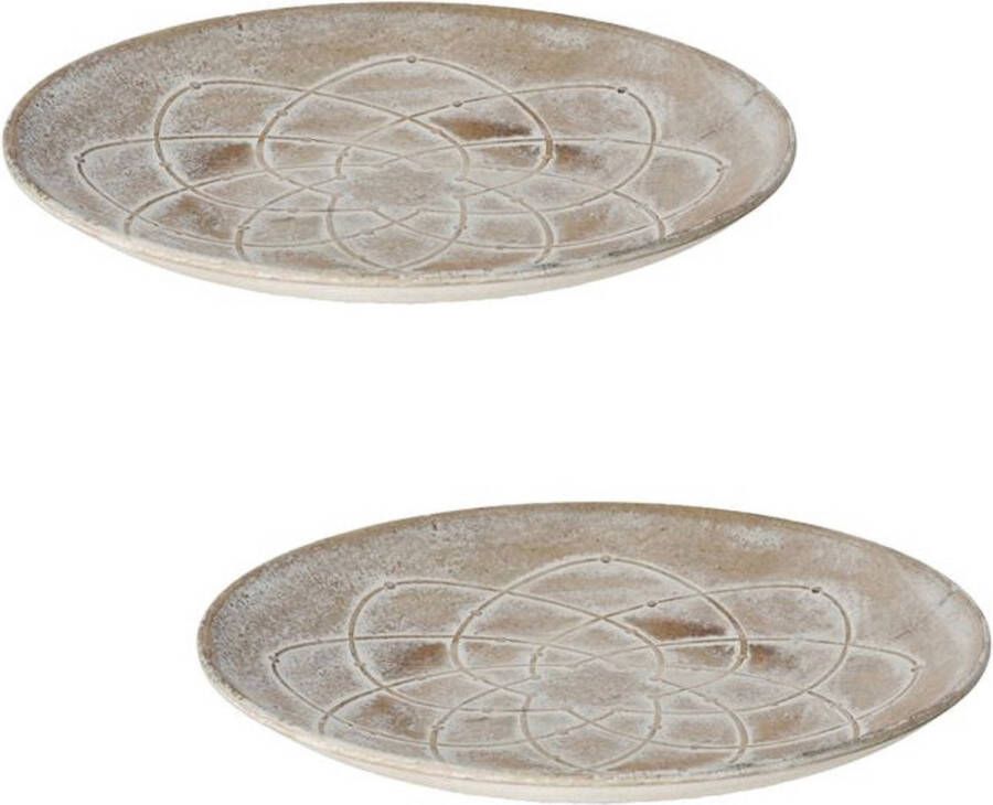 CEPEWA Set van 2x stuks rond kaarsenbord kaarsenplateau whitewash hout met motief 29 cm Onderborden voor kaarsen op tafel