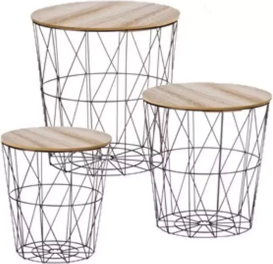 CEPEWA Set van 3x bijzettafels rond metaal hout zwart naturel 30 35 40 cm Home Deco meubels en tafels
