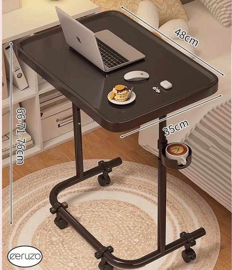 Ceruzo Bijzettafel op Wieltjes Verstelbaar in Hoogte Kantelbaar Blad- Bekerhouder- Zwart Blad 48 x 35 cm - Foto 2