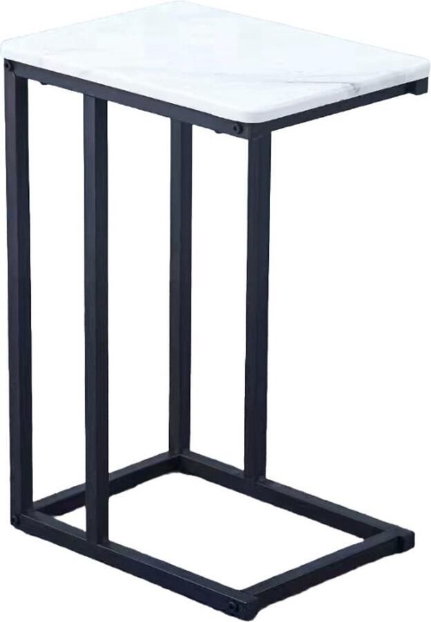 Ceruzo Bijzettafel – Wit Gemarmerd MDF – Zwart Frame – 30x40x60 cm- Bijzettafel voor Bank – C shape