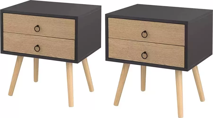 CGPN 2 x nachtkastjes bijzettafel met 2 lades nachtkastje houten poten MDF 46 x 35 x 50 cm grijs