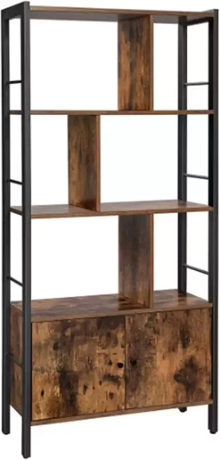 CGPN boekenkast met 4 open legplanken staande boekenkast ruime woonkamerkast keuken kantoor stalen frame industrieel ontwerp vintage bruin-zwart LBC022B01