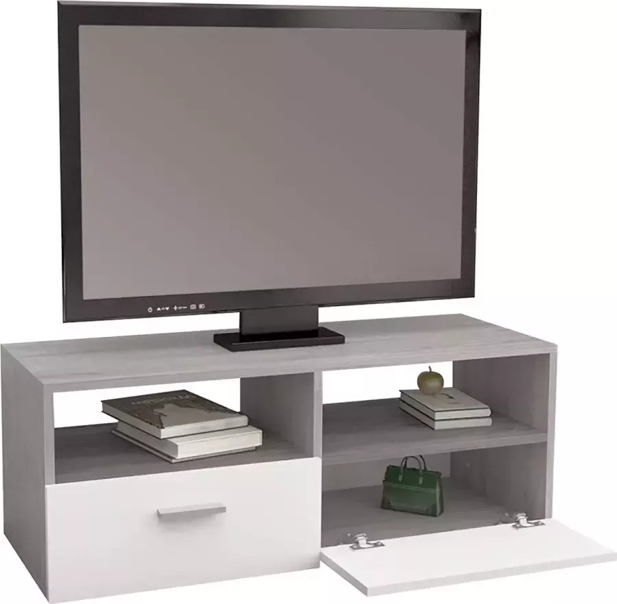 CGPN houten tv-lowboard in wit grijs 95x36x35cm modern tv-bord met opbergruimte voor woonkamer tv-meubel staand met 2 vouwdeuren en 2 open planken tv-tafel dressoir tv-meubel