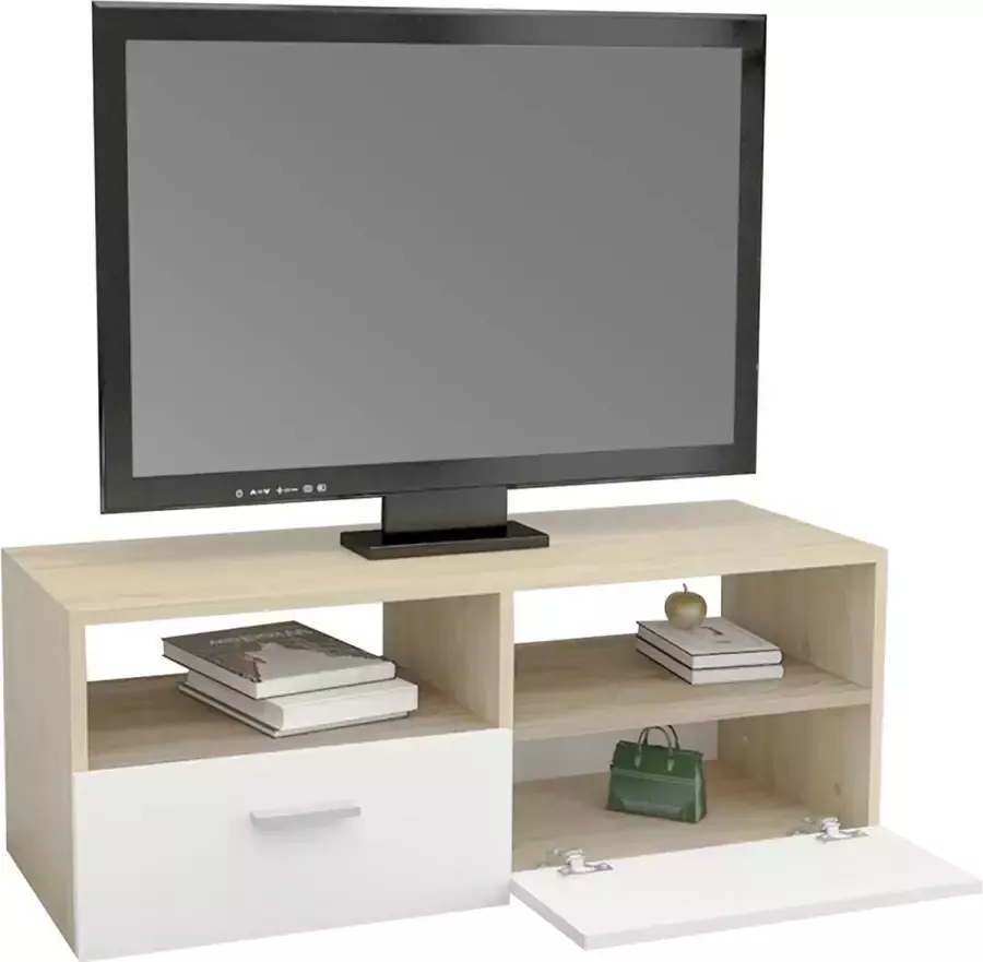 CGPN houten tv-lowboard in wit natuur 95x36x35cm modern tv-bord met opbergruimte voor woonkamer tv-meubel staand met 2 vouwdeuren en 2 open planken tv-tafel dressoir tv-meubel