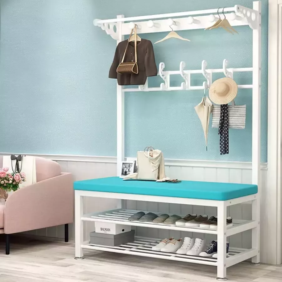 CGPN kapstok staand met schoenenbank 4-in-1 hal boom met haken comfort kussen moderne industriële kapstok voor garage slaapkamer blauw
